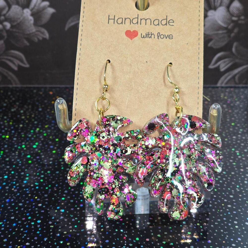 Glitter Monstera Leaf Earrings – Handmade Tropical Statement Dangles